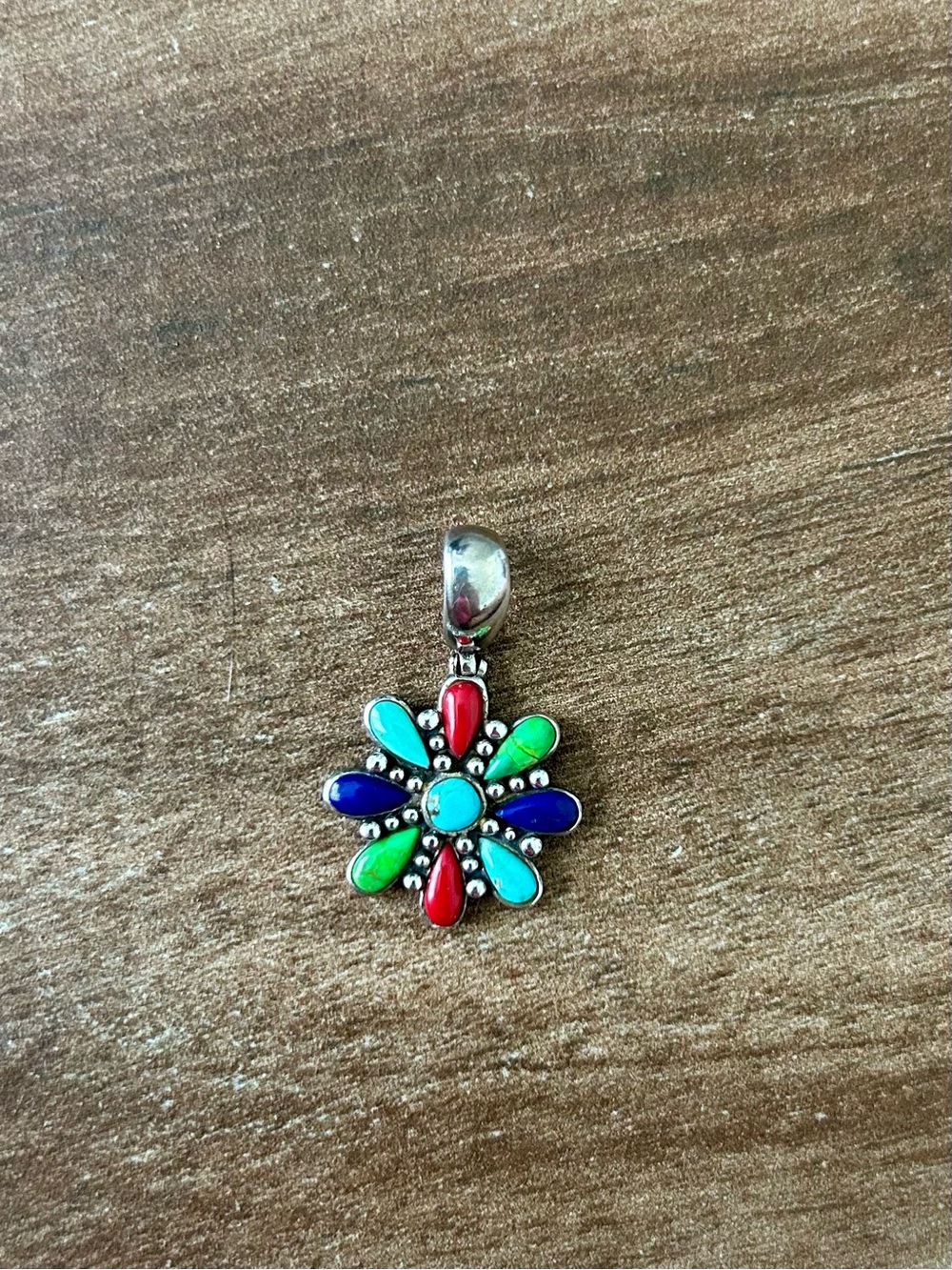 Cute Sterling Silver & Turquoise Coral Lapis Flower Pendant Vintage!